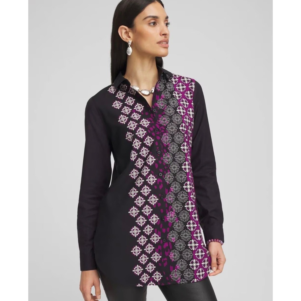 Chico's Purple Medallion No Iron Stretch Tunic Button Down Chico's Size 3.5 18 - Picture 1 of 16